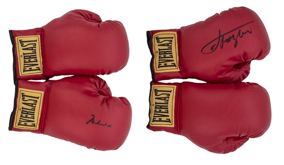 Lot of (2) Muhammad Ali and Joe Frazier Single Signed Boxing Glove Pairs (JSA)
